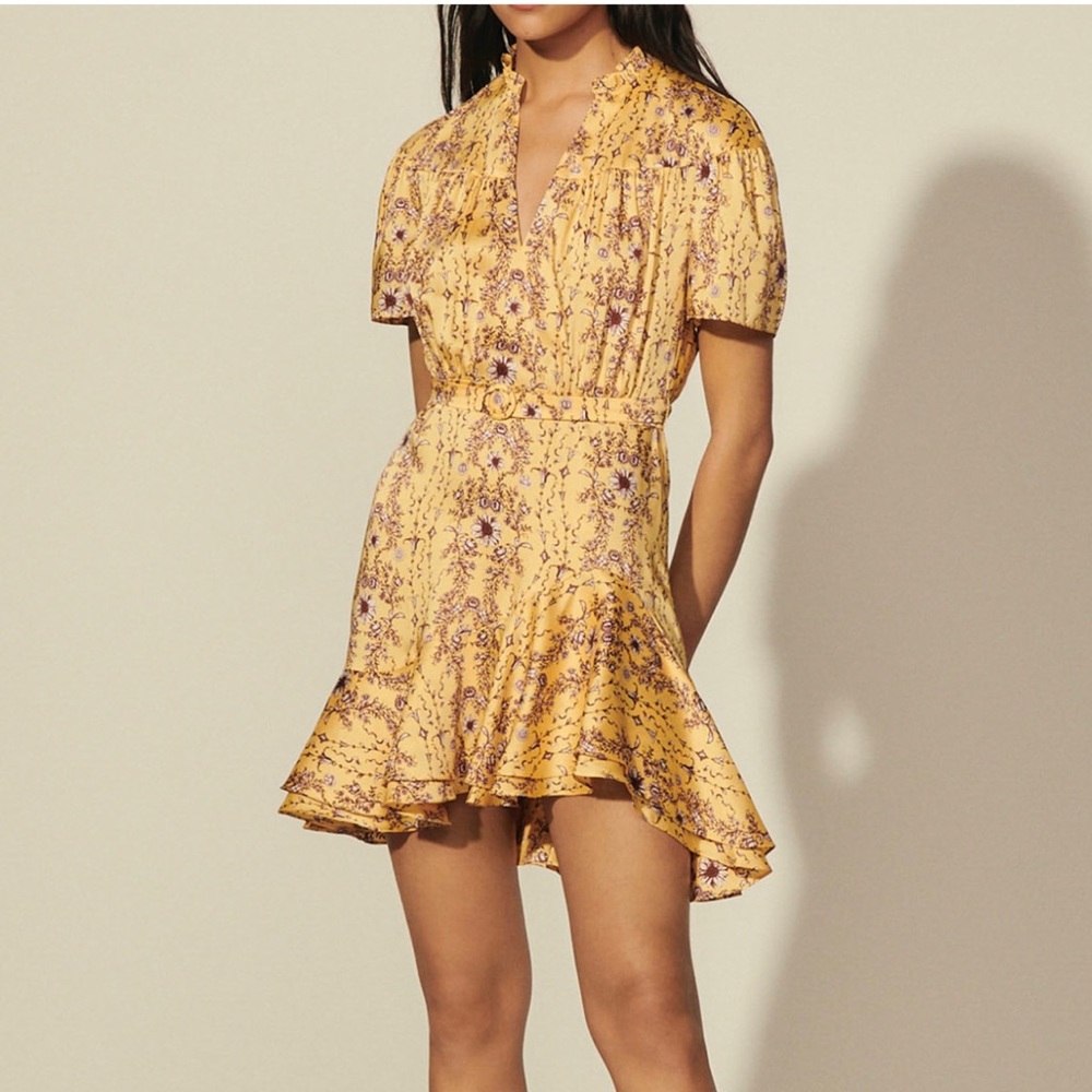 Sandro satin printed dress with ruffles in XS